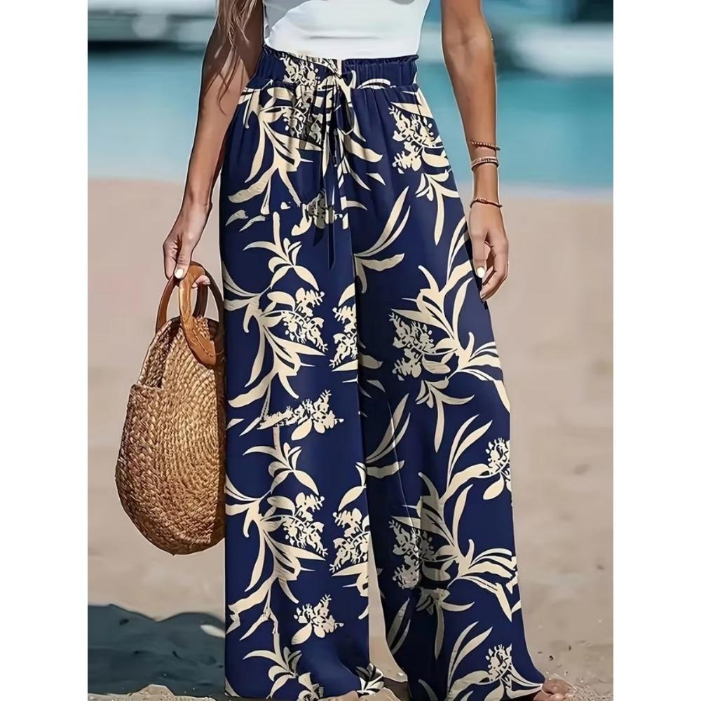 Women Loose Striped Drawstring Pants Wide Leg Trousers with Pockets Easy Summer Casual Home Wear