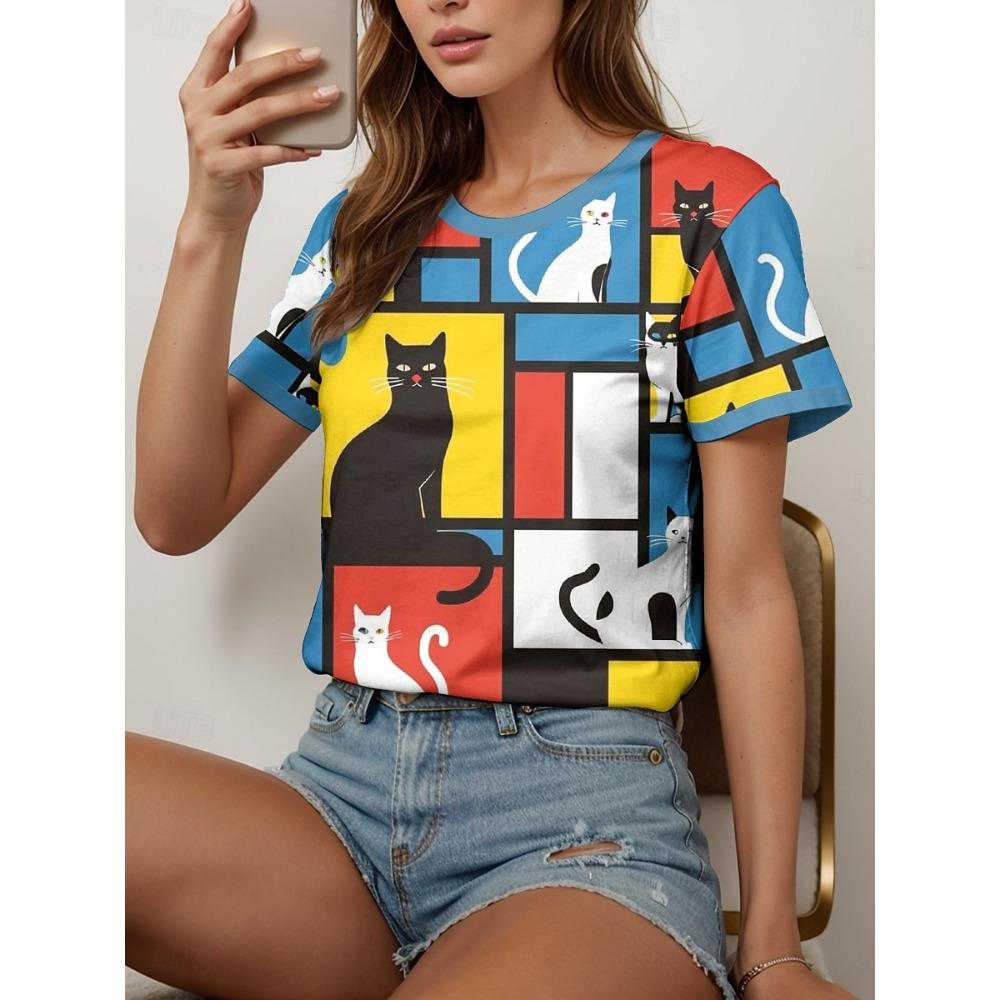 

Women s T-Shirts Cartoon Cat Print T-Shirt Summer Harajuku Vintage Short Sleeved Tees O Neck Art Top Oversized Female Clothing XL