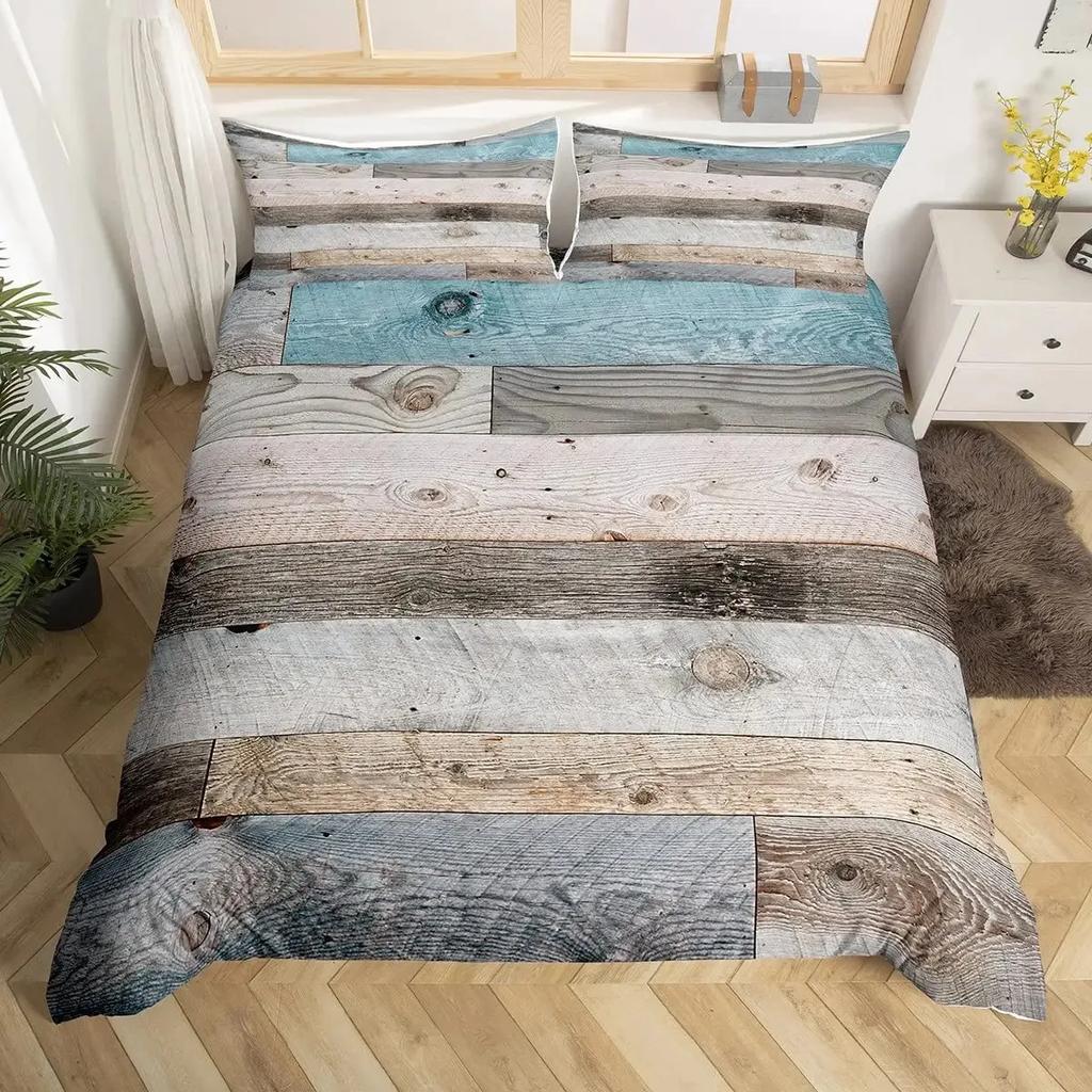Rustic Wooden Barn Duvet Cover Set Wood Rustic Bedding Set Full King Size,Farm Farmhouse Comforter Cover,Plank Wall Quilt Cover