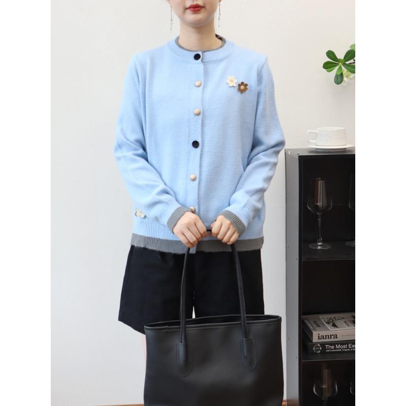 Three-dimensional Flower Crew Neck Knitted Cardigan Women's Autumn and Winter New Loose and Versatile Color Matching Sweater Jacket