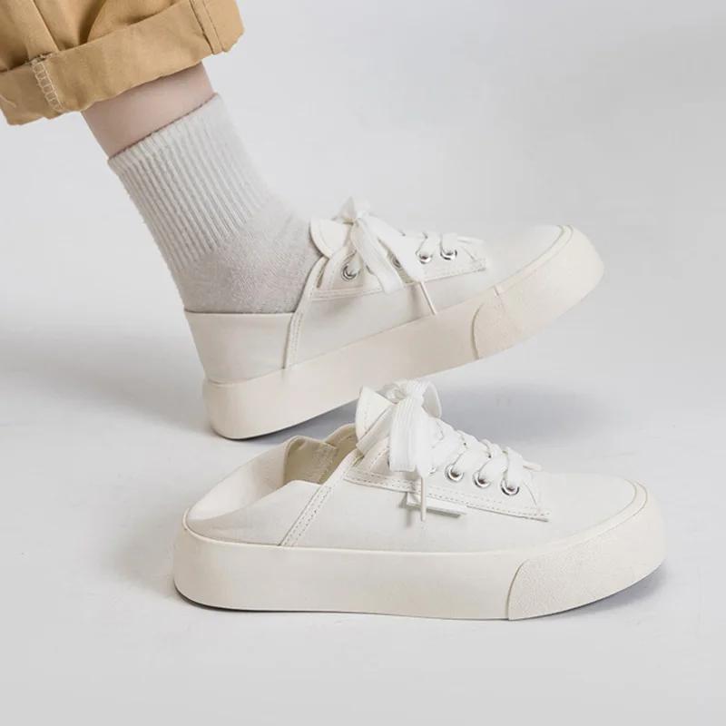 Modne Białe Damskie Buty Wulkanizowane Dwu-noszeniowe Leniwe Buty Sportowe Gruba Podeszwa Casual Pół-kapcie Płócienne Buty do Chodzenia Tenisówki Sznurowane Zapatos