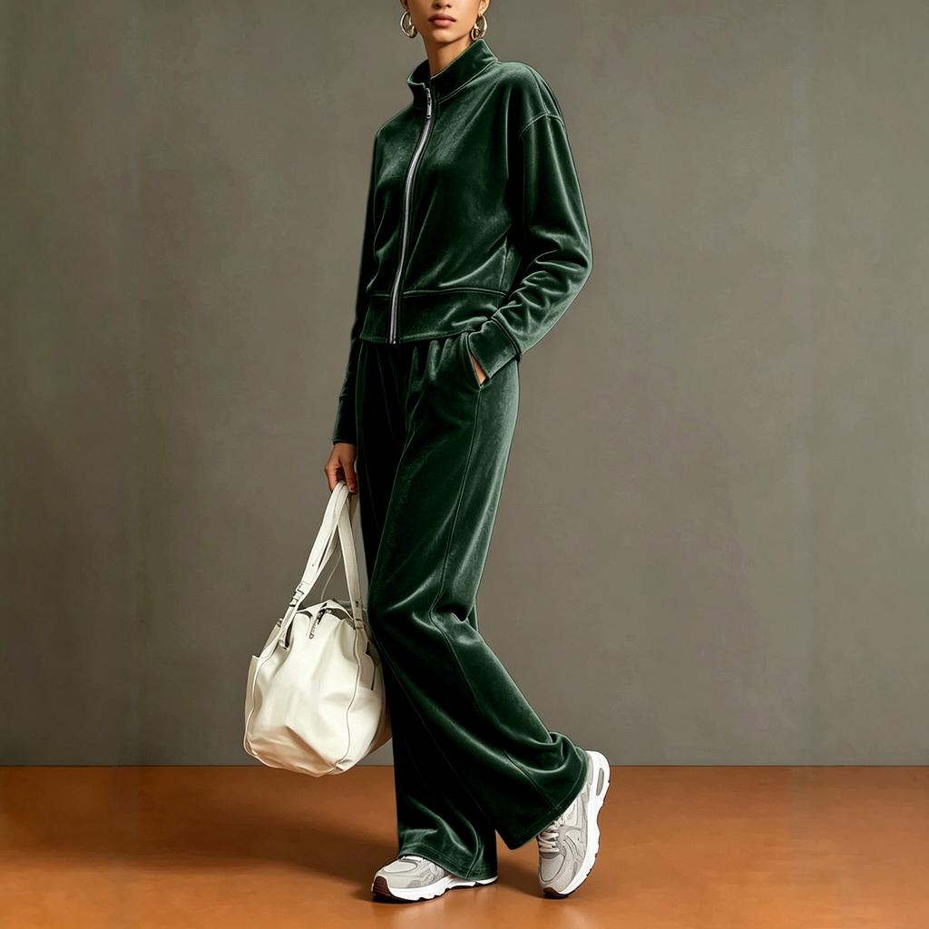 Women's Casual 2 Piece Set - Color Stand Collar Cardigan with Wide Leg Pants