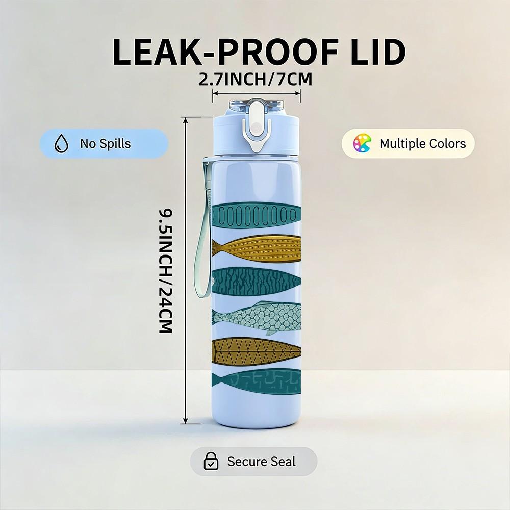 1PC School Fish Stack Pattern 750ml Color Plastic Sports Water Bottle Leakproof Flip Straw Lid Suitable for Sports Office Home Use