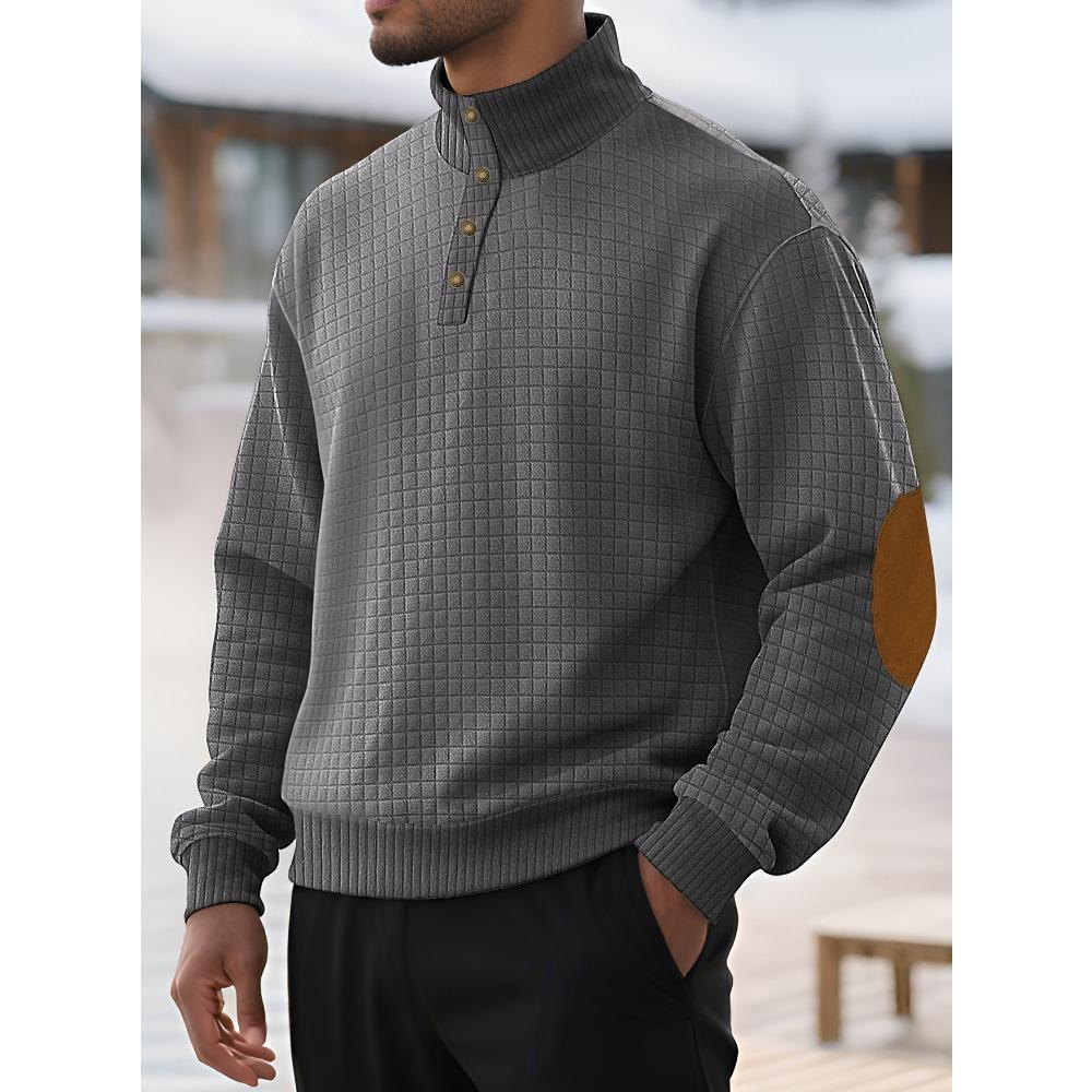 New Men's Jacquard Stand-Collar Small Check Sweatshirt Knitted Pullover Casual Henley Sweatshirt