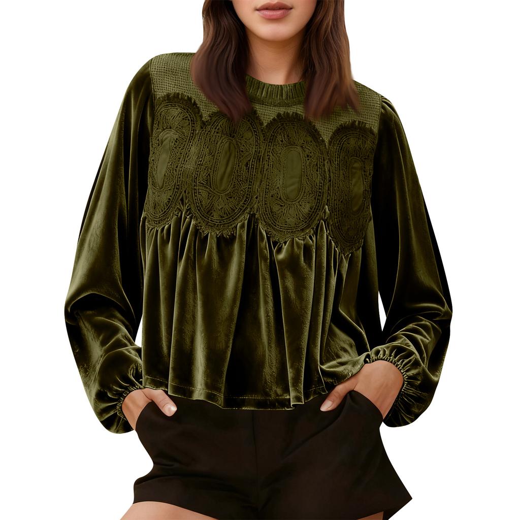 Loose-fitting, Slimming Mid-length Long-sleeved Solid Color Top With Mesh And Velvet Splicing
