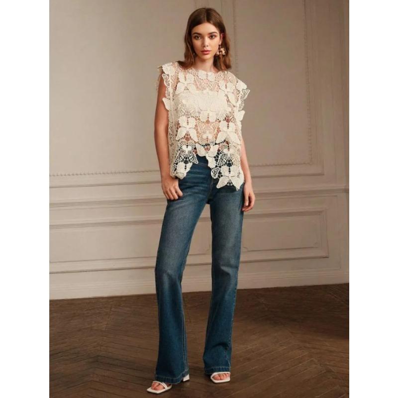 Dimanaf 2024 T-Shirt Women Knitting Lace Vest O-Neck Hollow Summer Style Basic Tops New Tees Loose Pink