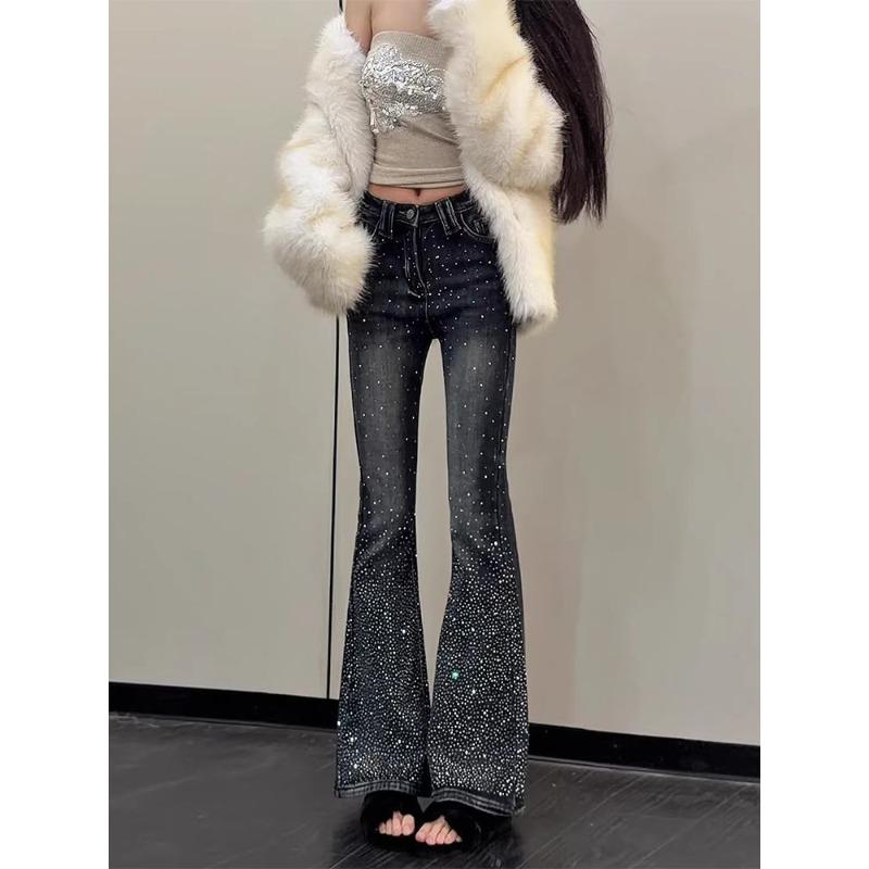 Plus Size Trendy Retro Jeans Women American Style Rhinestone Flared Pants Fashionable and Unique