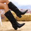 Pointed Toe Women High Heels Chelsea Knee High Boots Mesh Chunky Shoes Winter 2025 New Fashion Snow Boots Goth Pumps Botas Mujer