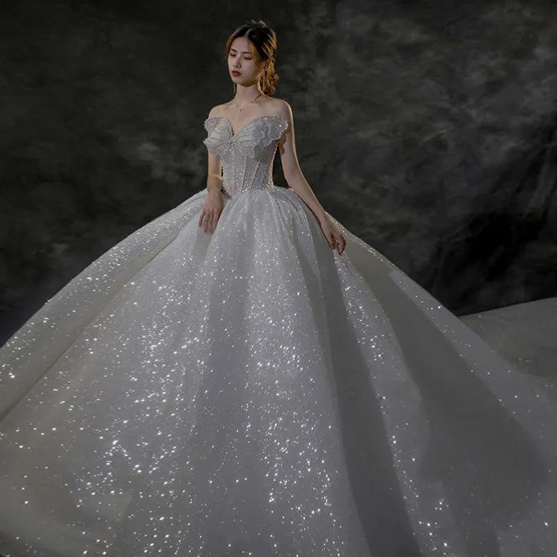 Rochie de Mireasă Fără Bretele cu Fundă Franțuzească - Rochie de Mireasă Luxoasă Strălucitoare, Rochie de Bal Prințesă din Tul cu Sclipici și Corset