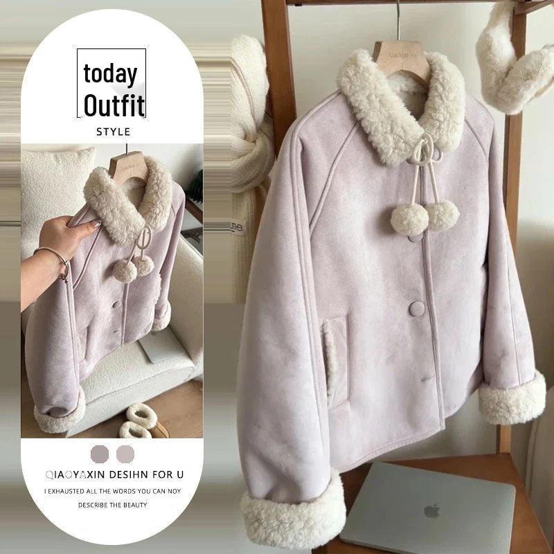 

Элегантная ручная работа, кожаная куртка с меховым помпоном на лацкане - Корейский стиль, свободный крой для женщин S (80-95 jin)