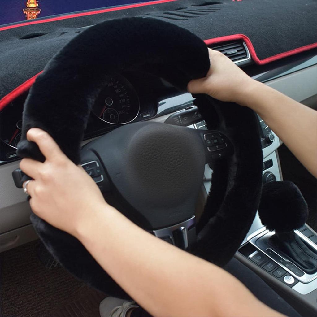 Pinbola 5Pcs In 1 Set Faux Wool Steering Wheel Cover Soft Fluffy Handbrake Cover & Gear Shift Cover & 2Pcs Seat Belt Shoulder Pads Warm Universal Fit