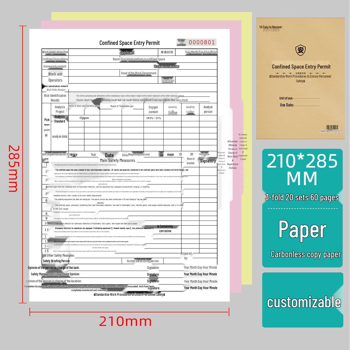 Yifude Compact Space Operation Form: Triplicate Carbonless Copy for Safe Construction and Inspection Management