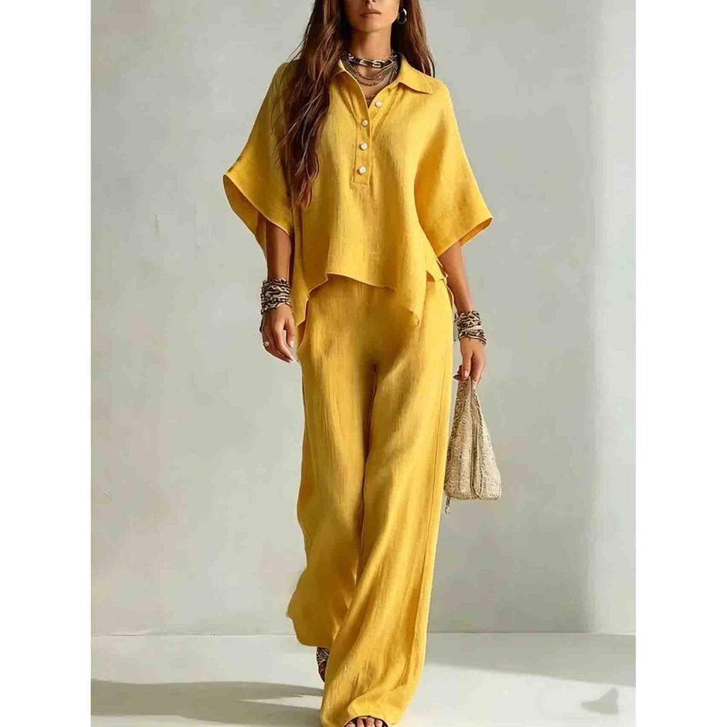 Solid Color Pants Set Summer Loose Half-sleeved Shirt Loose Wide-leg Trousers Two-piece Set Fashion Vacation Suit