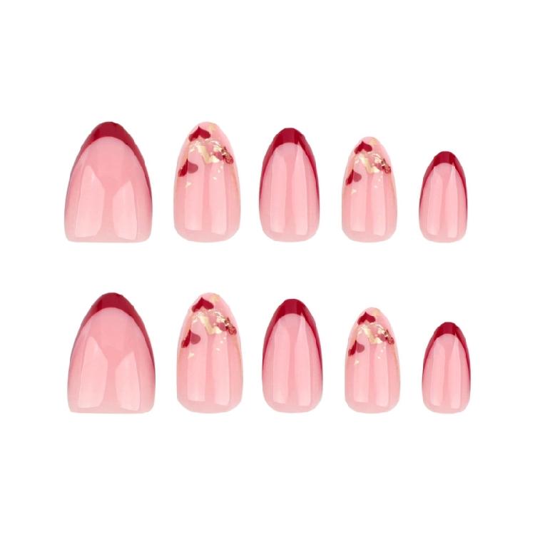 Valentines Day False Nail Short Almond French Tip Heart Glittering Glossy Glues On Nail 24Pcs Set for New Year Christmas