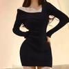 New Year's Pure Desire Spice Girl Hip Skirt Autumn and Winter Women's Inner Skirt Slant Shoulders Foreign Style Slim Waist Short Long Sleeve Dress