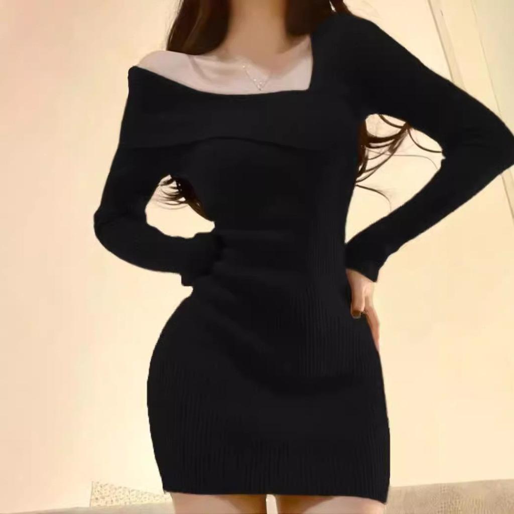 New Year's Pure Desire Spice Girl Hip Skirt Autumn and Winter Women's Inner Skirt Slant Shoulders Foreign Style Slim Waist Short Long Sleeve Dress