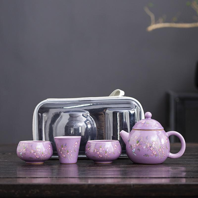 

Purple Ru Kiln Ceramic Travel Tea Set One Pot Two Cups Portable