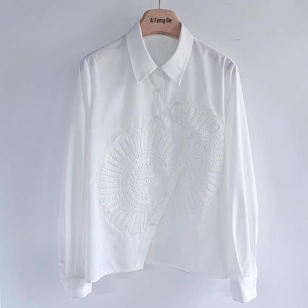 Women's Embroidered Sunflower White Long Sleeve Shirt, Spring/Autumn 2026 Collection