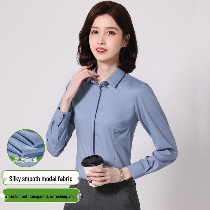 Women's Long Sleeve Professional White Stretch Shirt for College Students and Teachers