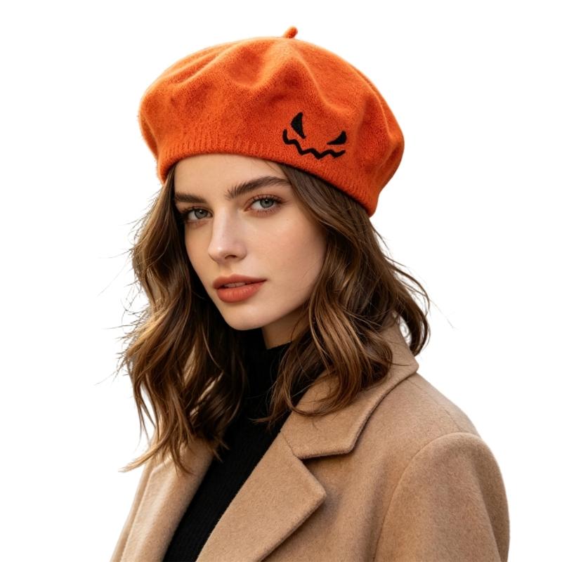 Embroidered Halloween Beret for Adults and Teens, Soft Fabric Hat for Party Dressing, Photos, and Fall Wear Style