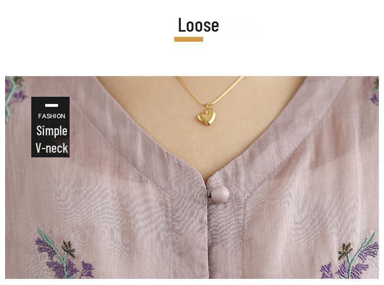Women's V-Neck Cotton & Linen Embroidered Shirt with 5-Point Sleeves - New Chinese Style, Loose Fit, Versatile for Summer.