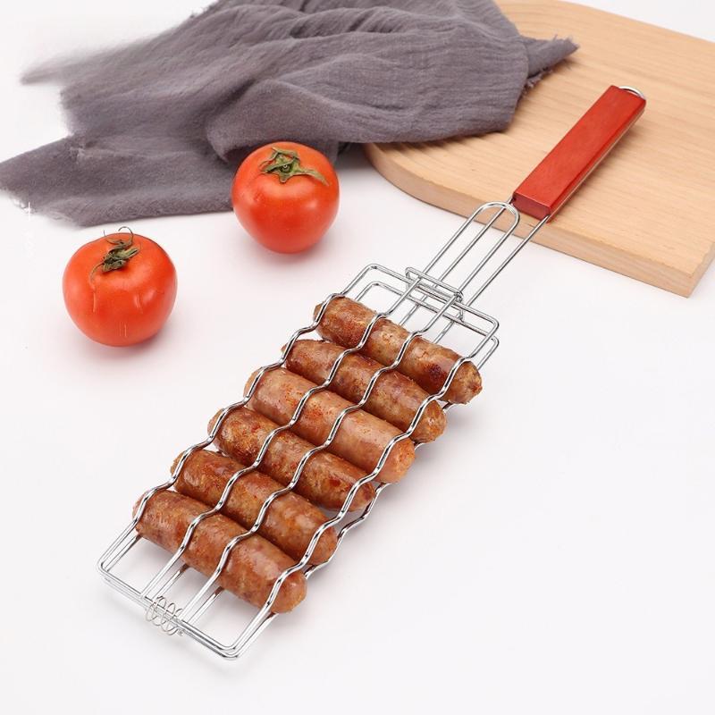 Outdoor Wooden Handle Hot Dog Barbecue Clip, Non Stick Ham Sausage Barbecue Net, Multifunctional Camping BBQ Tool