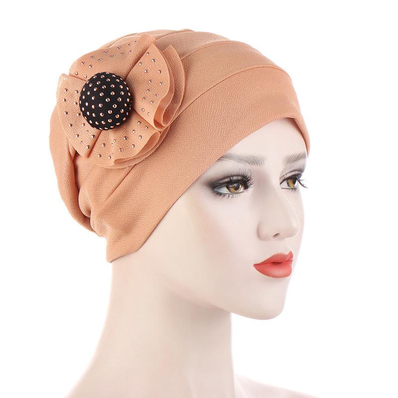 Woman Beautiful Rhinestone Flower Turban Elastic Cloth Head Cap Hat Muslim Women's Hijabs Ladies Bandana Muslim Head Cover