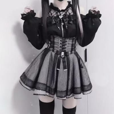Japanischer Stil Gotisch Y2k Lolita Rock Set Damen Spitze Schulterfrei Schleife Bluse Karomuster Hohe Taille Röcke JK Uniform Anzug Motto Party