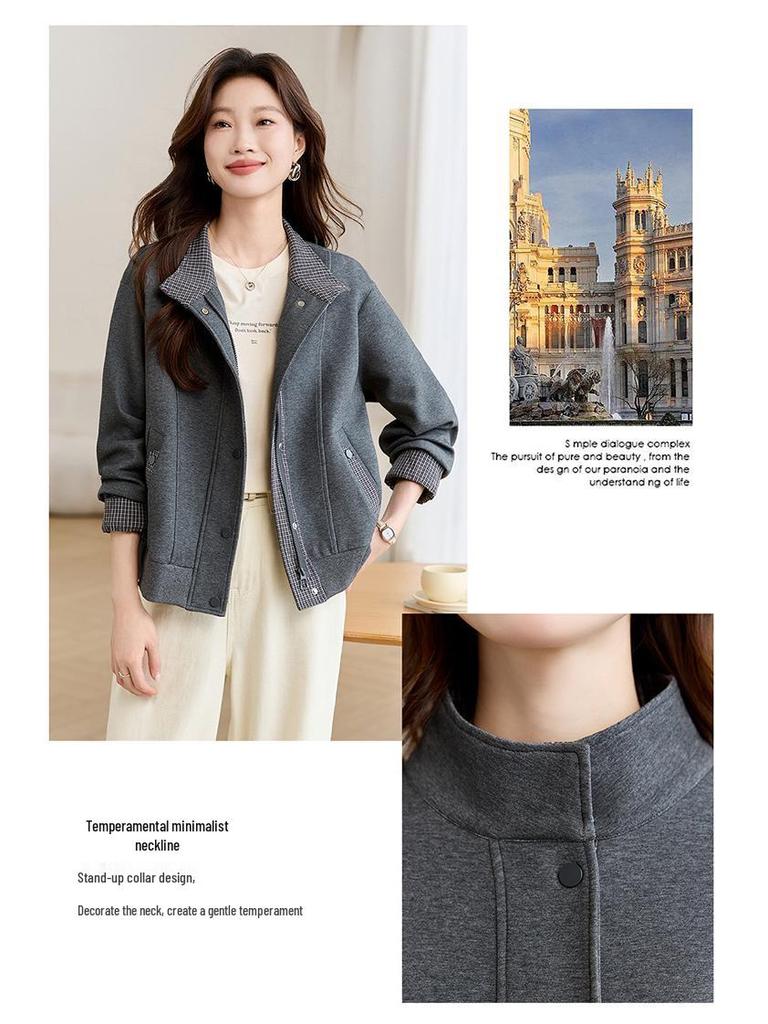 Damen 2025 Kariertes Patchwork Stehkragen Frühlingsjacke - Vielseitiges Lässiges Mode Sweatshirt Oberteil