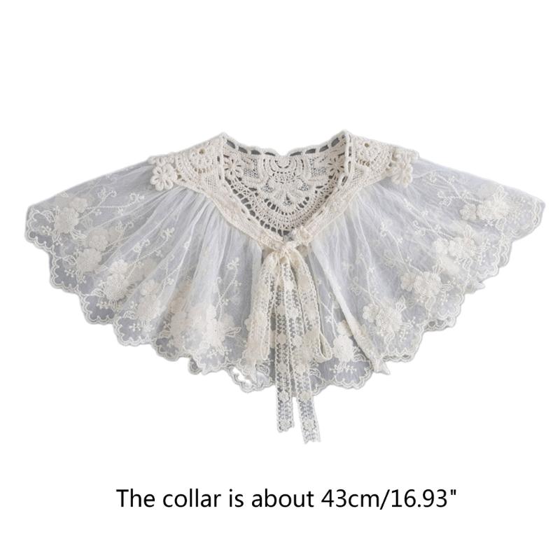 Korean Style Women False Collar Shawl Scarf Elegant Embroidery Lace Pleated Lace-Up Bowknot Shoulder Wrap Poncho Cape