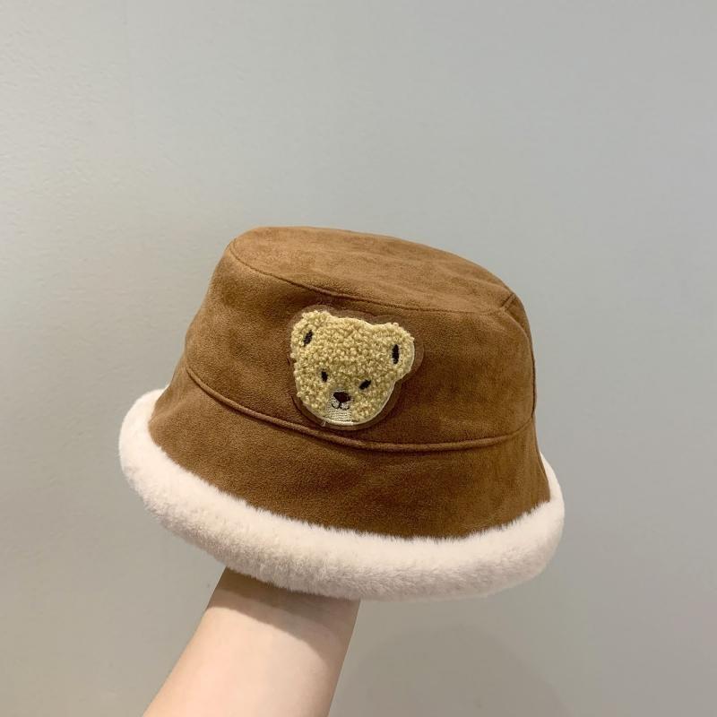 Cute Bear Plush Bucket Hat for Baby Autumn Winter Girls Boys Solid Color Fisherman Hats Thicken Warm Kids Outdoor Basin Cap