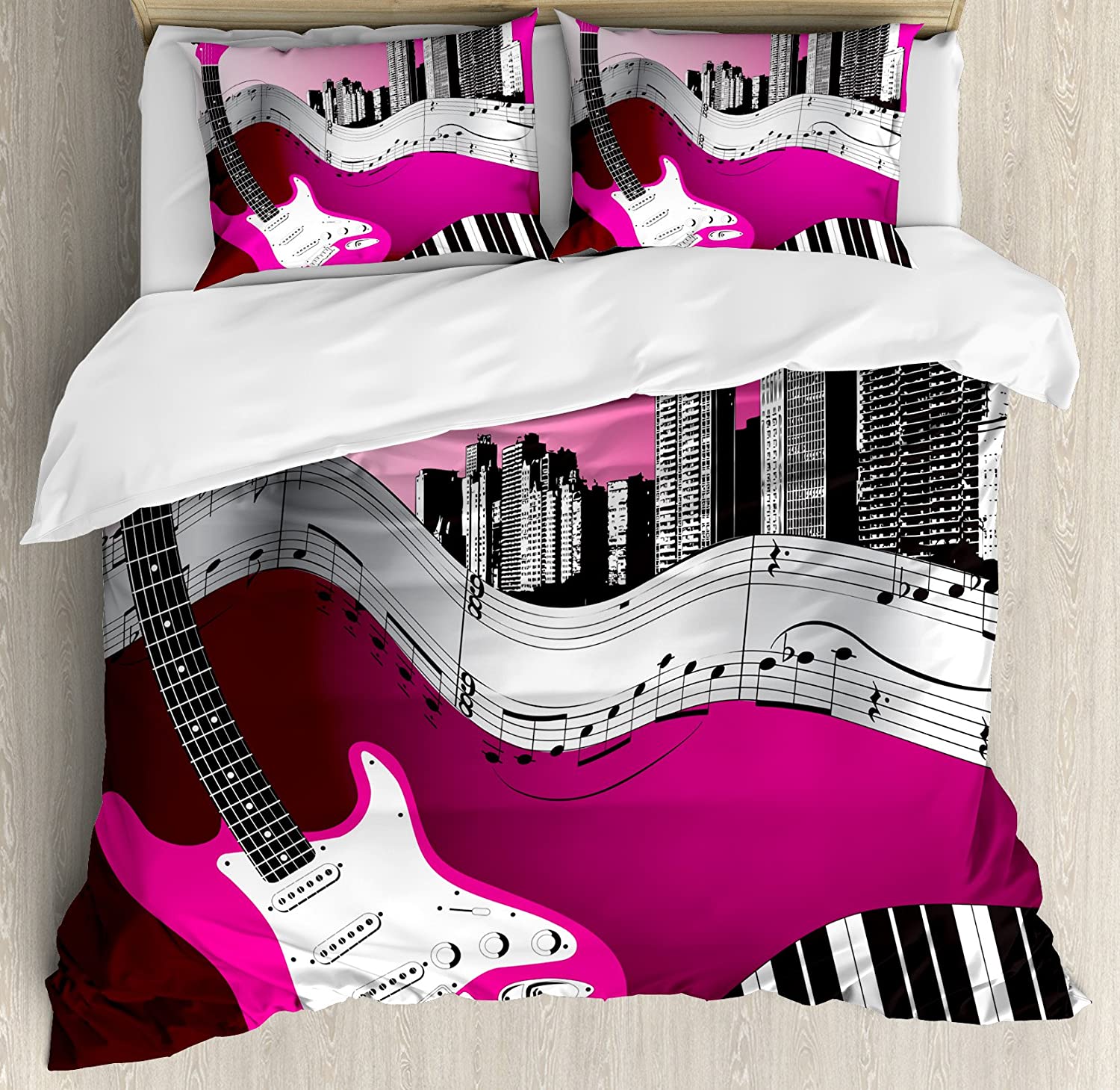 Gitaar Beddengoed Set Voor Slaapkamer Bed Thuis Muziekinstrumenten Set Patroon met Diverse Akoestische Dekbedovertrek Quiltovertrek Kussensloop 140x200cm 3pcs