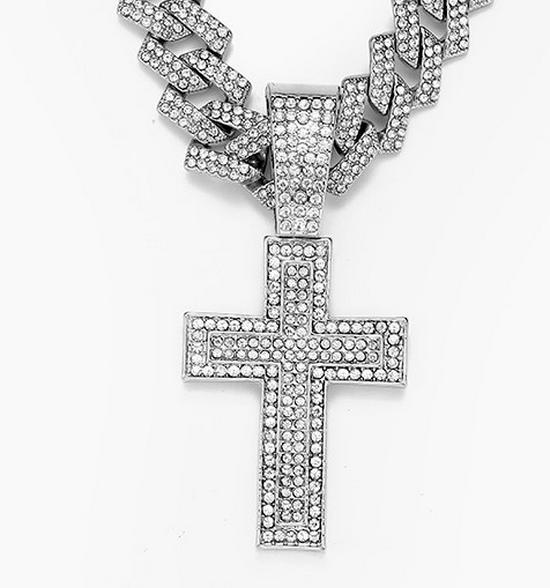 Pánský náhrdelník s křížkem ve tvaru kosočtverce s kubánským řetízkem: Hip Hopová móda se slitinou a designem s plnými diamanty