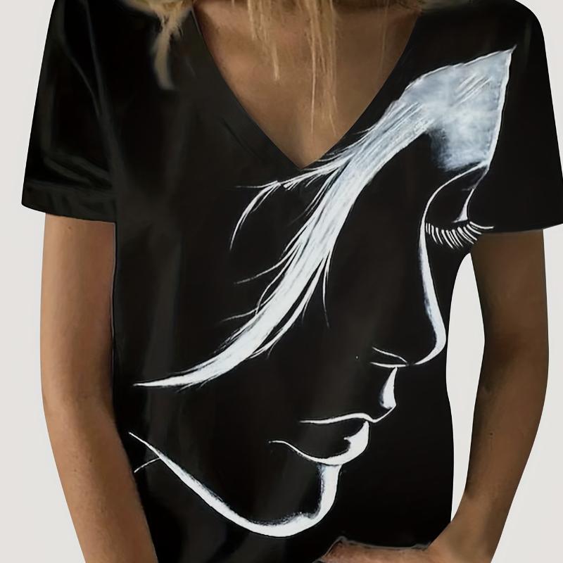 Figure Print V Neck T-Shirt, Casual Short Sleeve Top For Spring & Summer, Women's Clothing