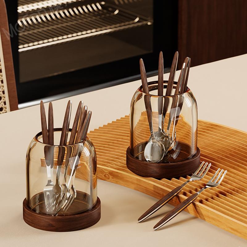 Retro Fruit Fork & Coffee Spoon Set, 304 Stainless Steel Cutlery with Glass Jar & Wooden Base for Dessert & Table Decor