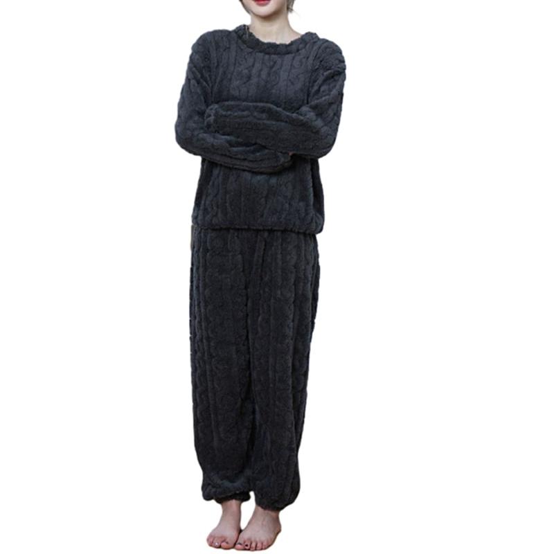 Damen Herbst- und Winter Korallenfleece Freizeit-Pyjama-Set Warmes Langarm-Oberteil und Hose Hauskleidung Zweiteilig