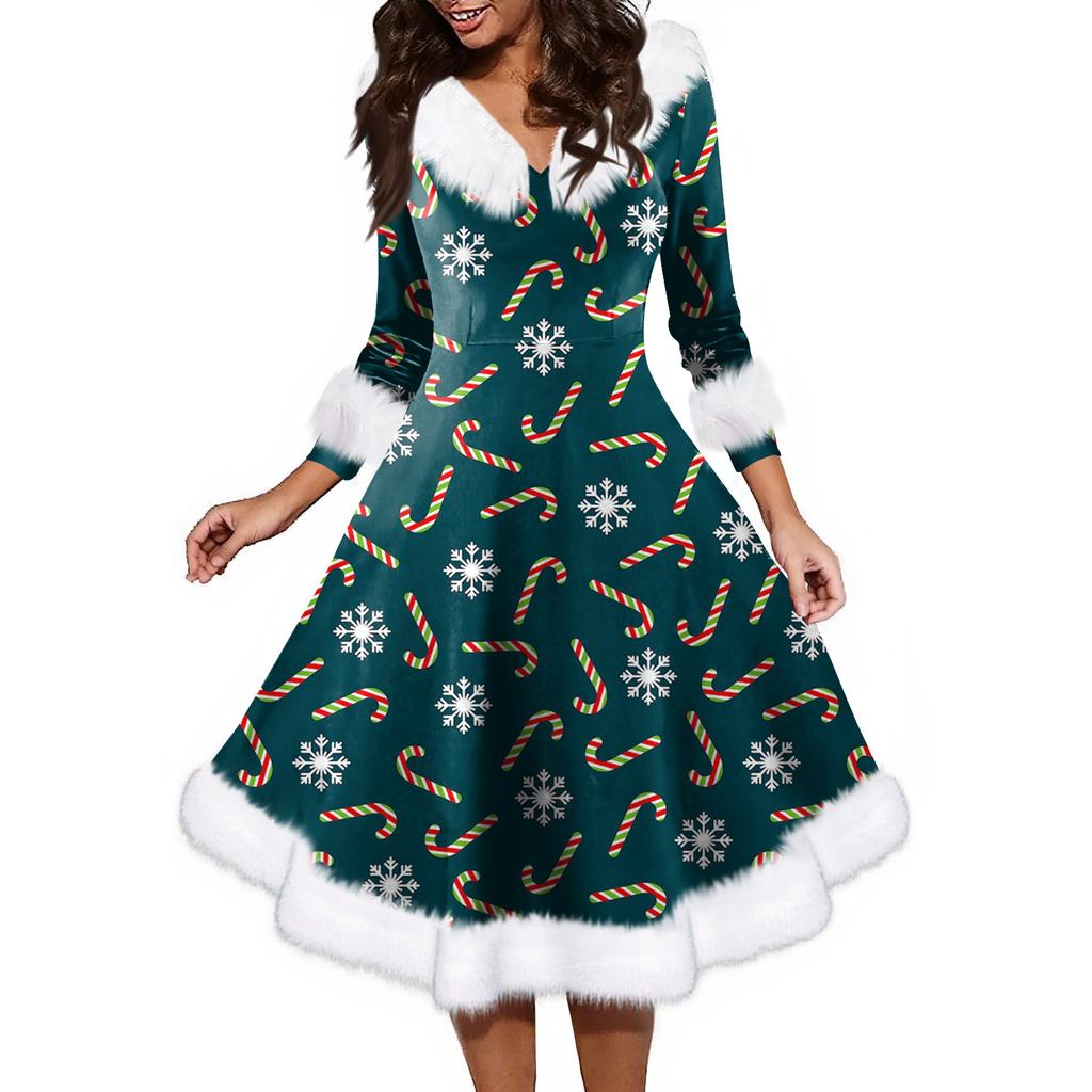 Women's Fashion V-neck Casual Fit Christmas Print Party Long Sleeve Dress