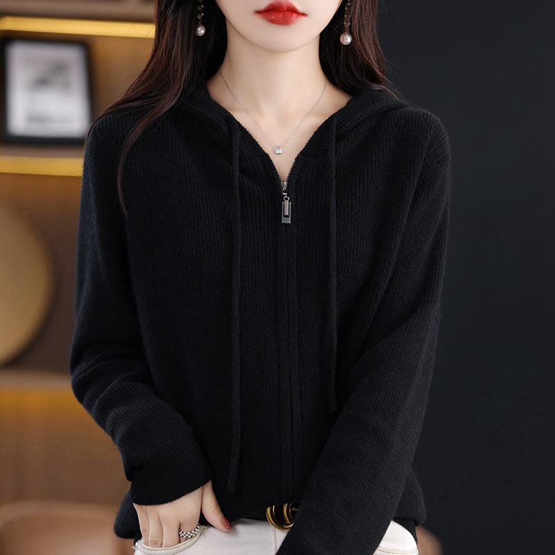 2023 Autumn Women's Zippered Plush Knit Hoodie Sweater