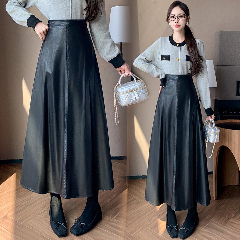 

Chic PU Leather A-Line Midi Skirt for Women - 2025 Autumn/Winter Wide Hem, High Waist, Mid-Length Skirt Small чёрный