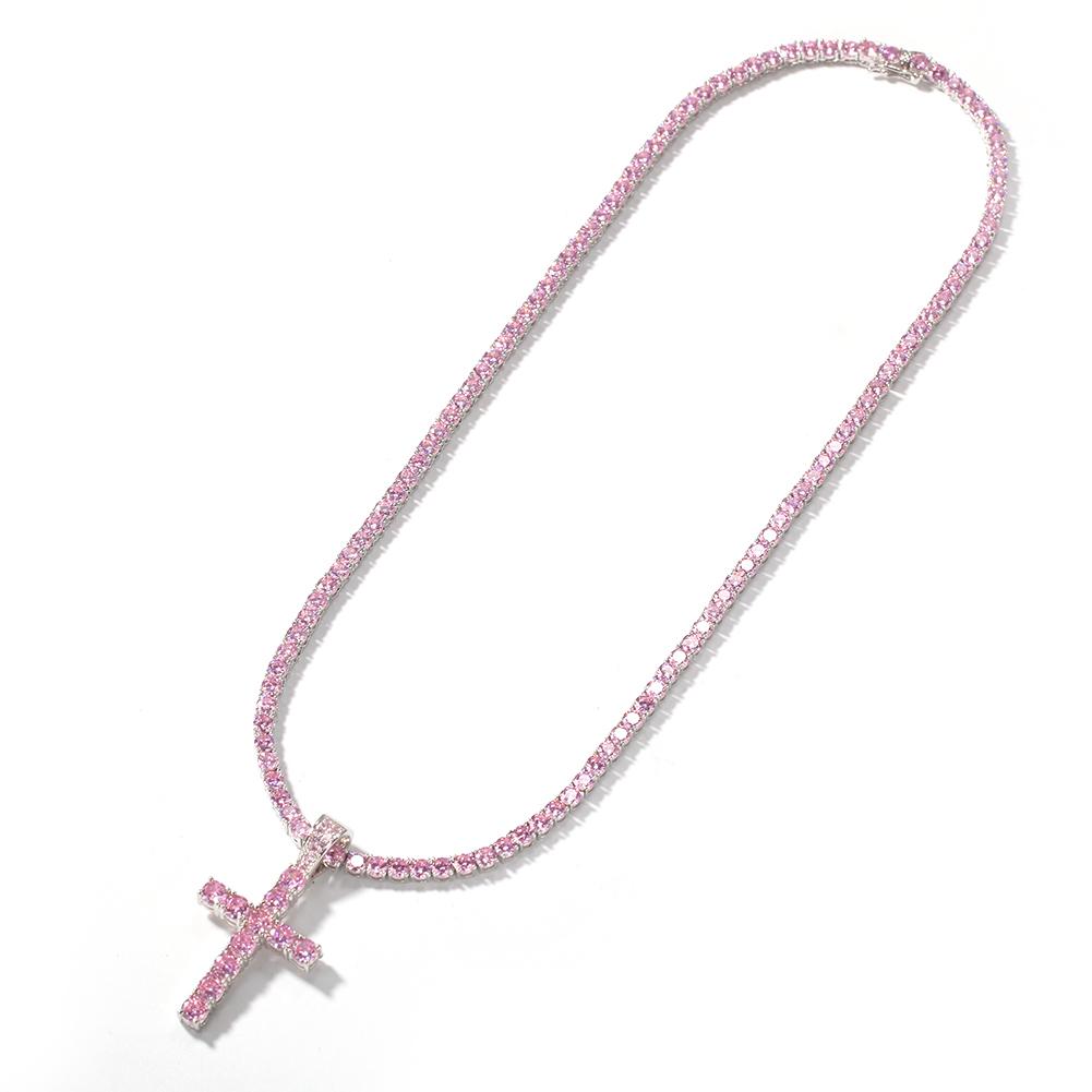 THE BLING KING Mode 4mm Rosa CZ Tennis Kette Mit Kreuz Anhänger Halskette Voll Eiskristall Zirkonia Damen Hiphop Schmuck Geschenk