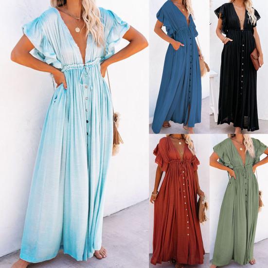 Ruffle Short Sleeve Deep V Neck Drawstring Long Bikini Cover Up Sunscreen Dress Beachwear for Beach