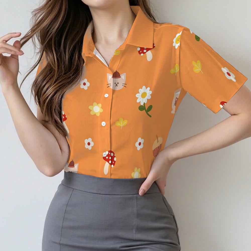 Minimally personalized mixed dye line printed women's short sleeved lapel shirt, summer fashion daily versatile casual top