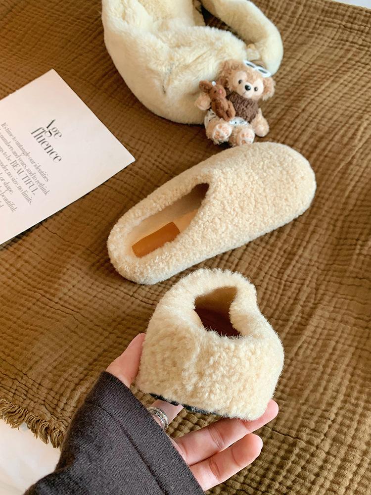 Wool version~ Thick sole inner height increase Baotou one pedal warm fluffy half slippers women wear cotton shoes