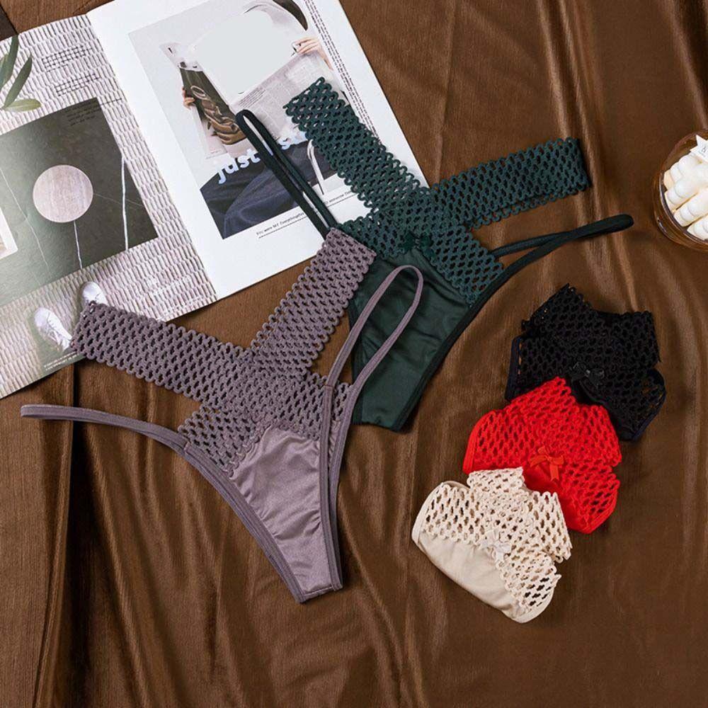 Low Waist Hollow Out Thongs Bowknot Women Mesh Briefs Comfortable Satin Silk Panties  Daily