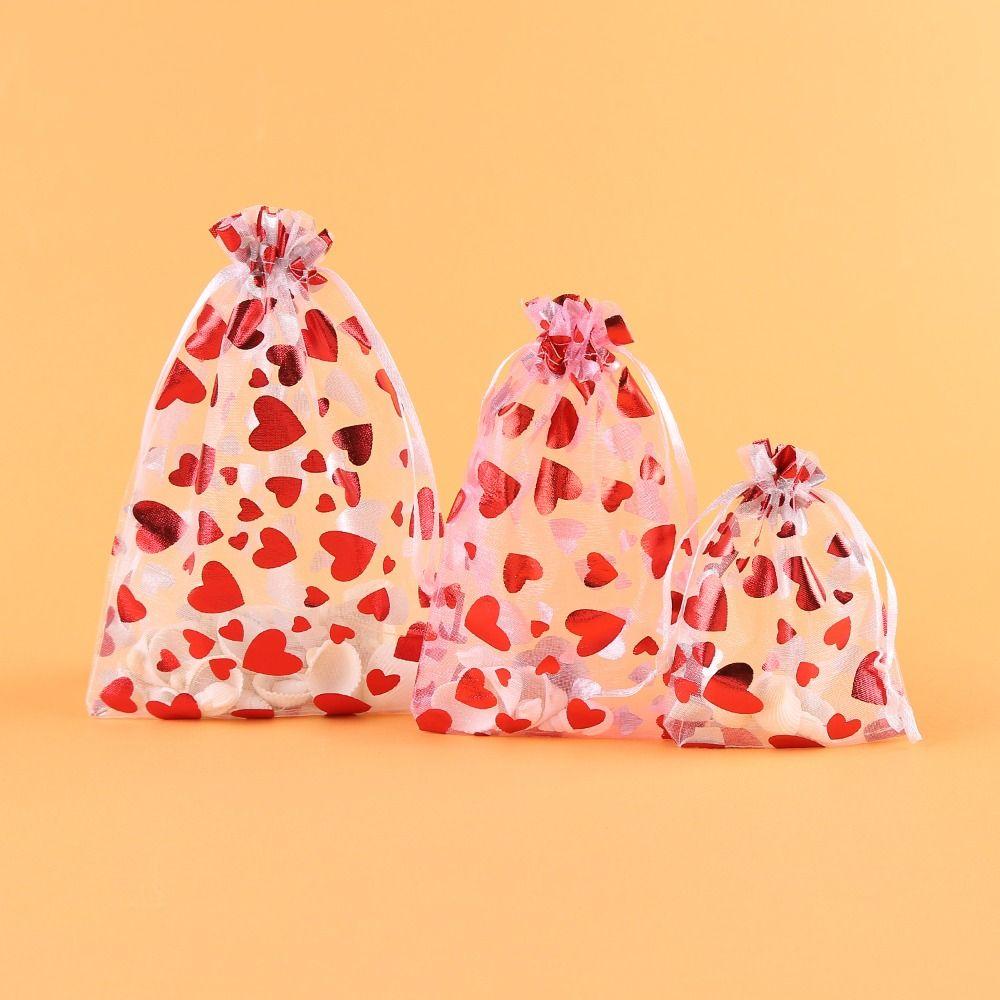 20pcs Love Heart Valentine's Day Gift Bag Organza Bronzing Gift Bag Mesh Candy Pouches  Wedding