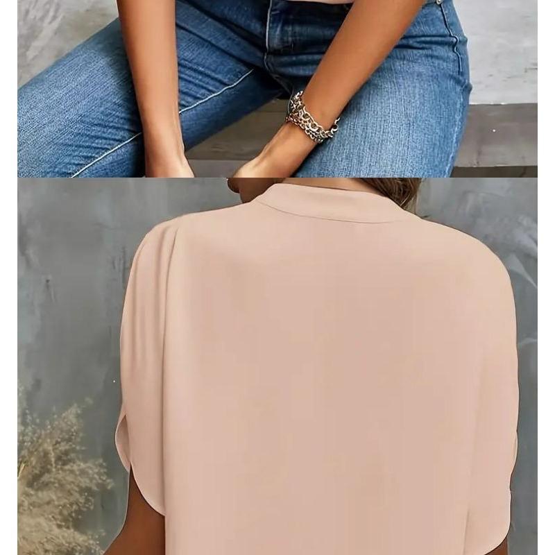 Damen 2025 Sommer Casual Einfarbig V-Ausschnitt Locker Bluse Tops für Damen