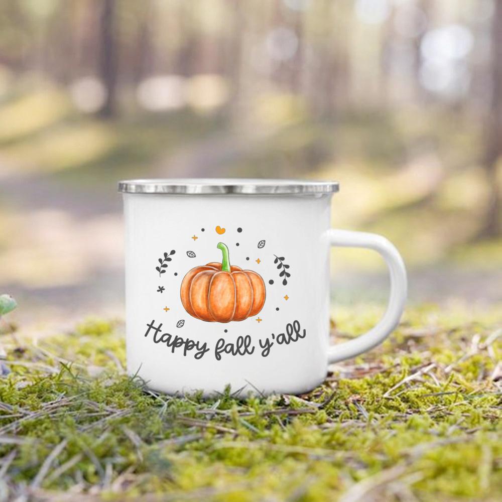 Hello Pumpkin Enamel Mug Halloween Camping Mug Gift For Grandma Mum Nana Autumn Home Decor Hygge Gift Fall Coffee Mug
