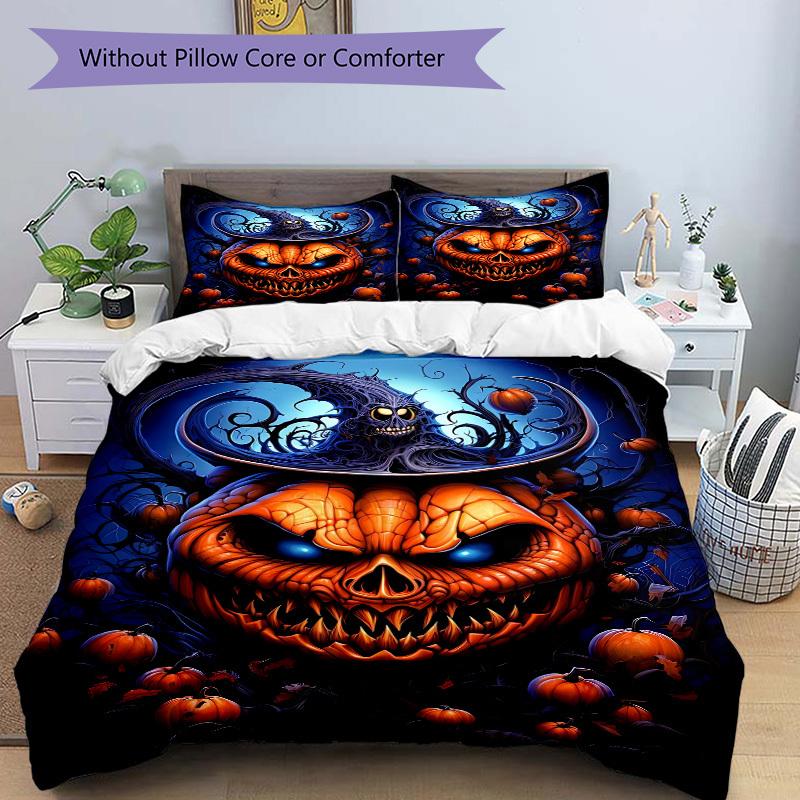3pc Halloween Pumpkin Head Cover Set - 1 Quilt Cover + 2 Pillowcases, All Seasons Bedroom Setting, Perfect for Home027