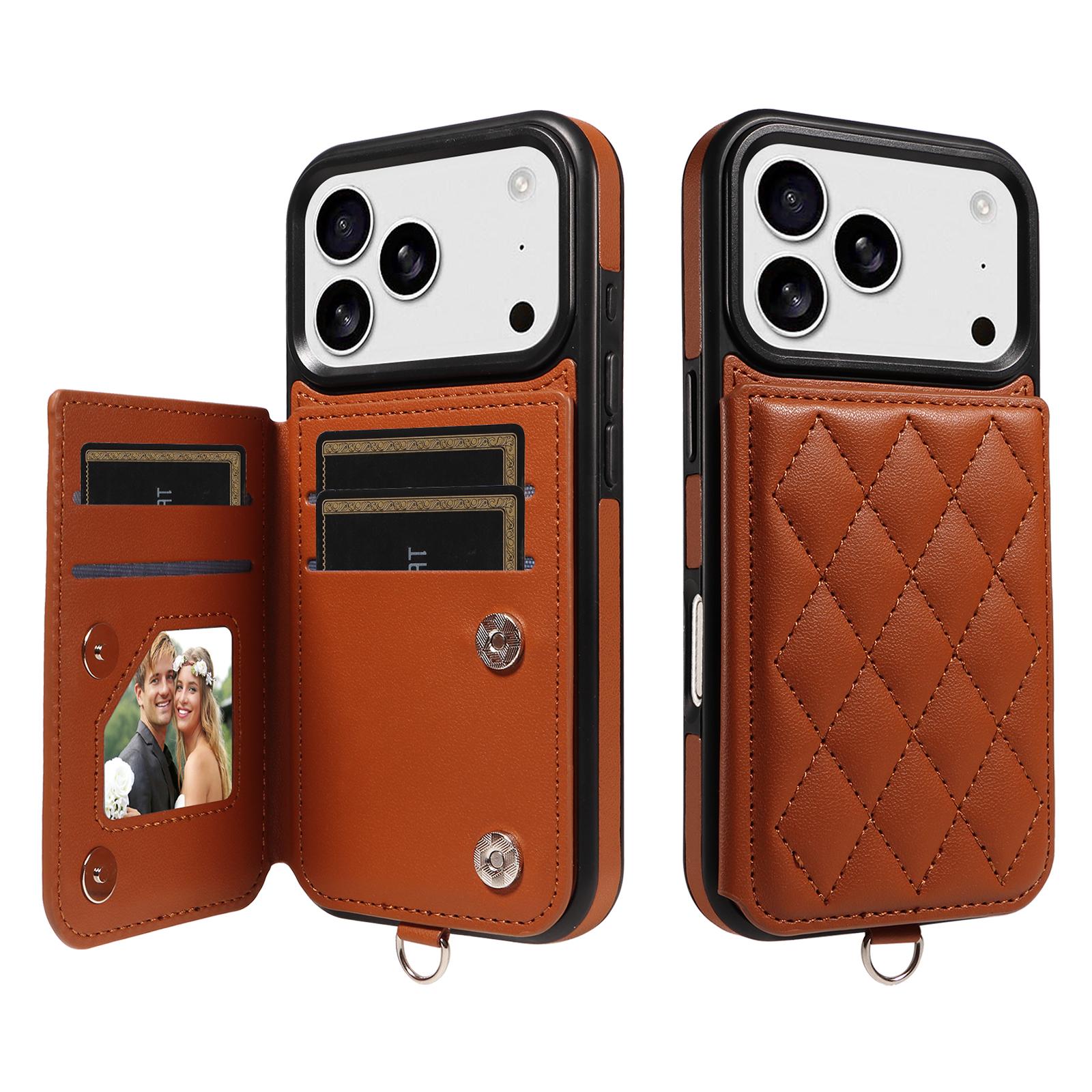 

For iPhone 17 Pro Case Card Bag Kickstand Leather Coated TPU Phone Cover with Wrist Strap