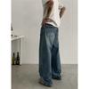 Spring and autumn washed burst blue jeans men's American retro loose wide-leg casual trousers